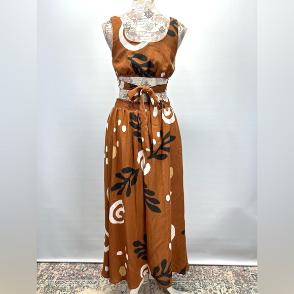 ILLA ILLA Brown and White graphic print open waist sleeveless maxi dress size S - Picture 8 of 14